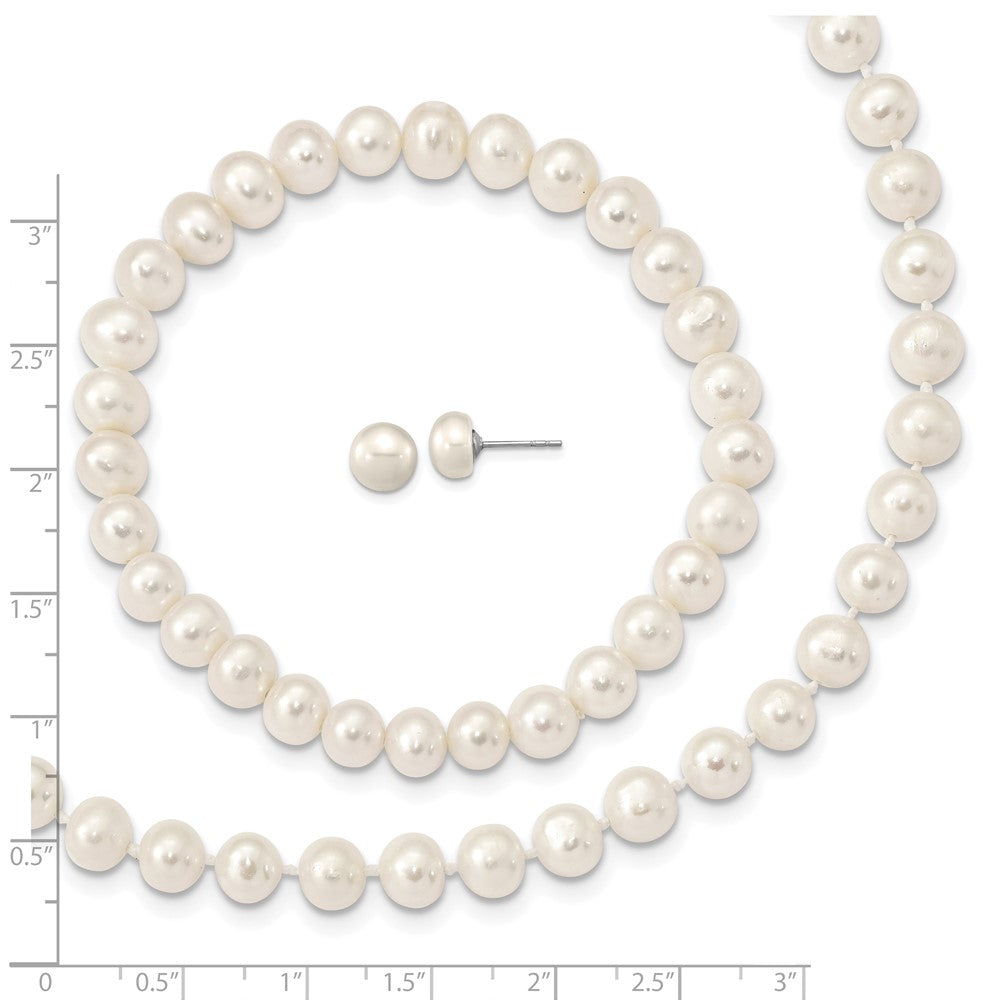 PSSN Sterling Silver Rhodium-plated 7-8mm White Near-Round Freshwater Cultured Pearl 18 inch Necklace, Stretch Bracelet and Button Post Earrings Set