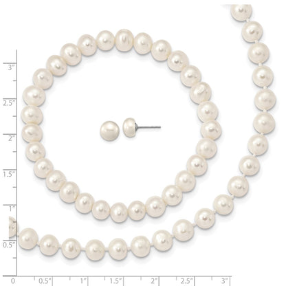 PSSN Sterling Silver Rhodium-plated 7-8mm White Near-Round Freshwater Cultured Pearl 18 inch Necklace, Stretch Bracelet and Button Post Earrings Set