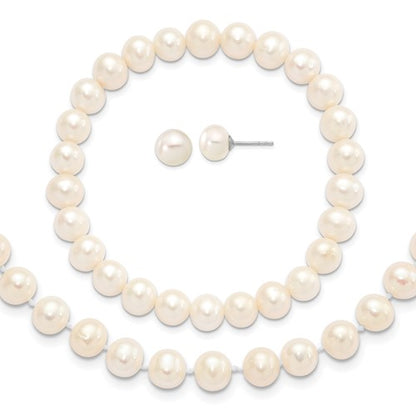 PSSN Sterling Silver Rhodium-plated 7-8mm White Near-Round Freshwater Cultured Pearl 18 inch Necklace, Stretch Bracelet and Button Post Earrings Set