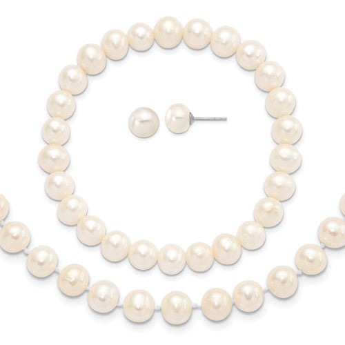 PSSN Sterling Silver Rhodium-plated 7-8mm White Near-Round Freshwater Cultured Pearl 18 inch Necklace, Stretch Bracelet and Button Post Earrings Set