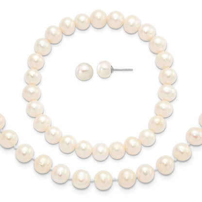 PSSN Sterling Silver Rhodium-plated 7-8mm White Near-Round Freshwater Cultured Pearl 18 inch Necklace, Stretch Bracelet and Button Post Earrings Set
