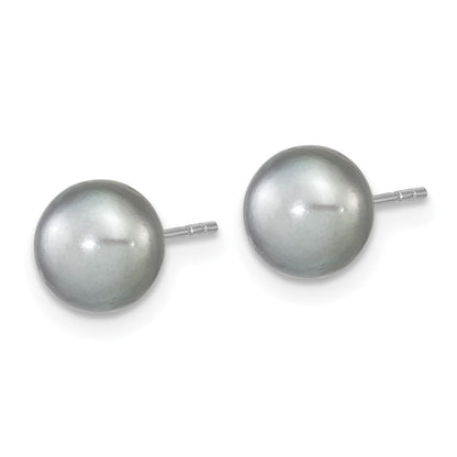 PSSN Sterling Silver Rhodium-plated 7-8mm Grey Near-Round Freshwater Cultured Pearl 18 inch Necklace, Stretch Bracelet and Button Post Earrings Set