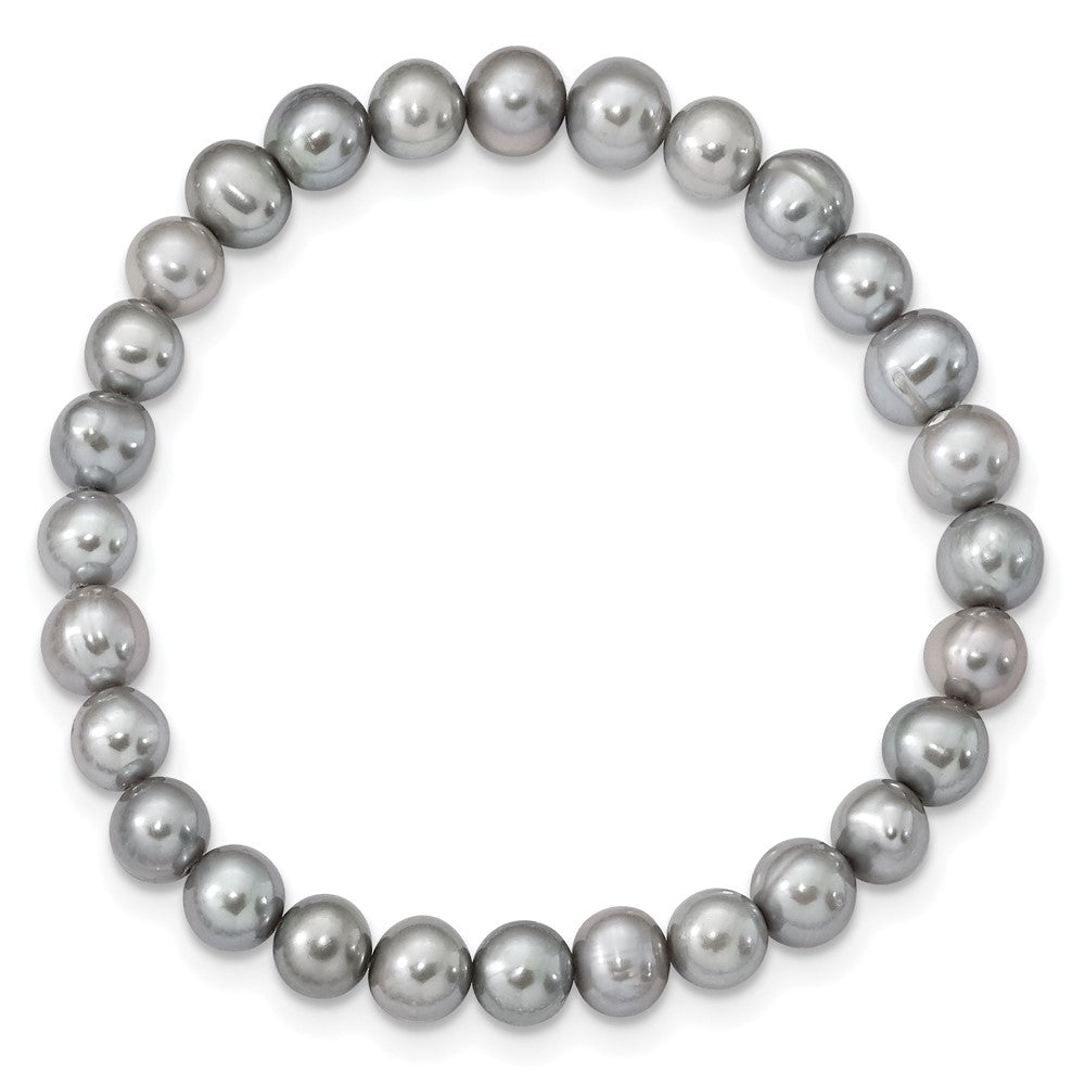 PSSN Sterling Silver Rhodium-plated 7-8mm Grey Near-Round Freshwater Cultured Pearl 18 inch Necklace, Stretch Bracelet and Button Post Earrings Set