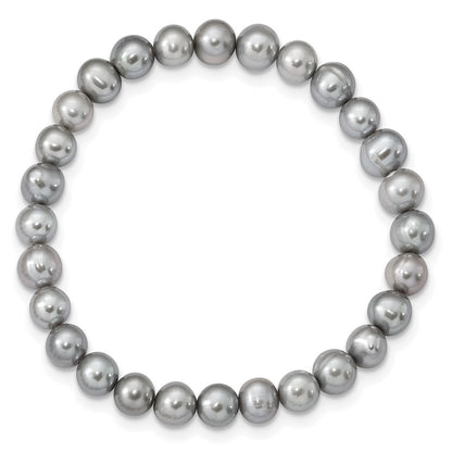 PSSN Sterling Silver Rhodium-plated 7-8mm Grey Near-Round Freshwater Cultured Pearl 18 inch Necklace, Stretch Bracelet and Button Post Earrings Set