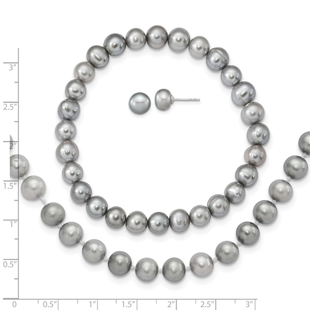 PSSN Sterling Silver Rhodium-plated 7-8mm Grey Near-Round Freshwater Cultured Pearl 18 inch Necklace, Stretch Bracelet and Button Post Earrings Set