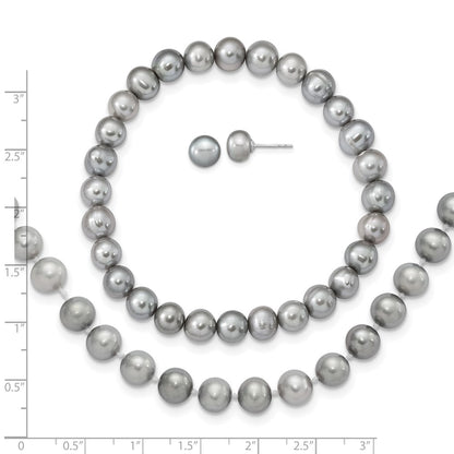 PSSN Sterling Silver Rhodium-plated 7-8mm Grey Near-Round Freshwater Cultured Pearl 18 inch Necklace, Stretch Bracelet and Button Post Earrings Set