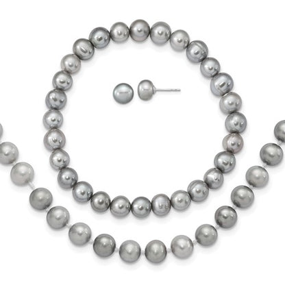 PSSN Sterling Silver Rhodium-plated 7-8mm Grey Near-Round Freshwater Cultured Pearl 18 inch Necklace, Stretch Bracelet and Button Post Earrings Set