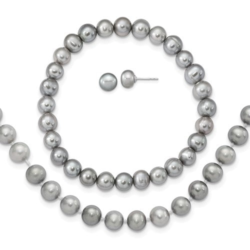 PSSN Sterling Silver Rhodium-plated 7-8mm Grey Near-Round Freshwater Cultured Pearl 18 inch Necklace, Stretch Bracelet and Button Post Earrings Set