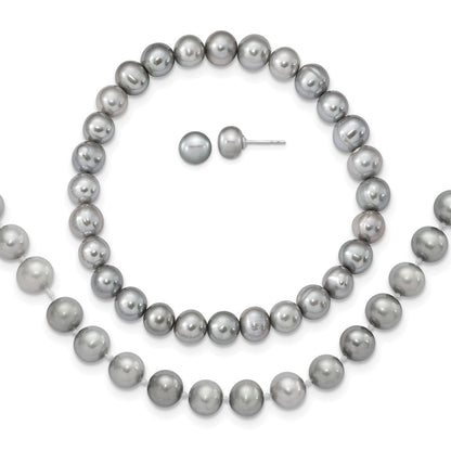 PSSN Sterling Silver Rhodium-plated 7-8mm Grey Near-Round Freshwater Cultured Pearl 18 inch Necklace, Stretch Bracelet and Button Post Earrings Set
