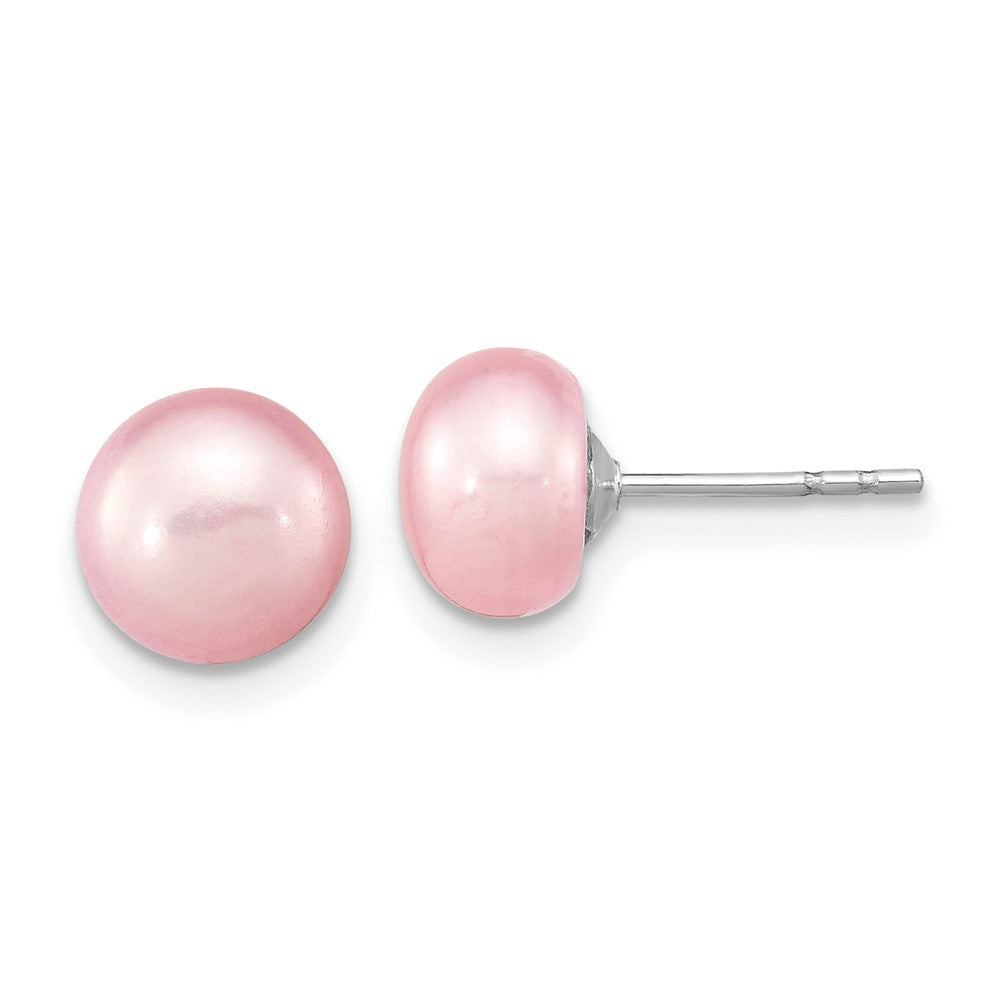 PSSN Sterling Silver Rhodium-plated 7-8mm Pink Near-Round Freshwater Cultured Pearl 18 inch Necklace, Stretch Bracelet and Button Post Earrings Set