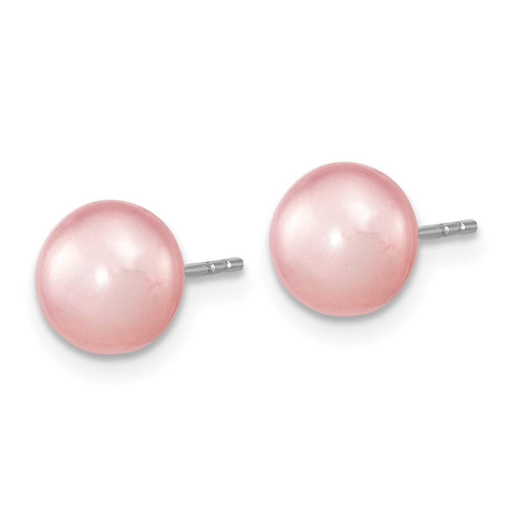 PSSN Sterling Silver Rhodium-plated 7-8mm Pink Near-Round Freshwater Cultured Pearl 18 inch Necklace, Stretch Bracelet and Button Post Earrings Set