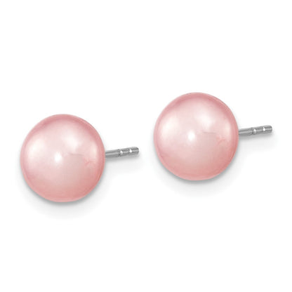 PSSN Sterling Silver Rhodium-plated 7-8mm Pink Near-Round Freshwater Cultured Pearl 18 inch Necklace, Stretch Bracelet and Button Post Earrings Set