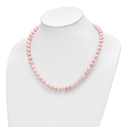 PSSN Sterling Silver Rhodium-plated 7-8mm Pink Near-Round Freshwater Cultured Pearl 18 inch Necklace, Stretch Bracelet and Button Post Earrings Set