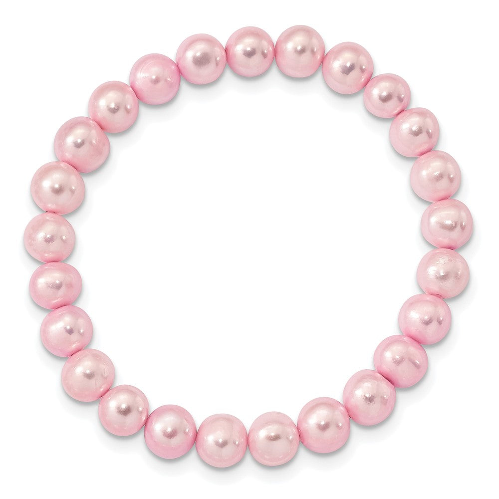 PSSN Sterling Silver Rhodium-plated 7-8mm Pink Near-Round Freshwater Cultured Pearl 18 inch Necklace, Stretch Bracelet and Button Post Earrings Set