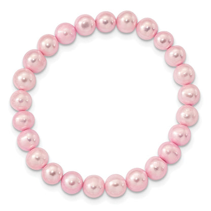 PSSN Sterling Silver Rhodium-plated 7-8mm Pink Near-Round Freshwater Cultured Pearl 18 inch Necklace, Stretch Bracelet and Button Post Earrings Set