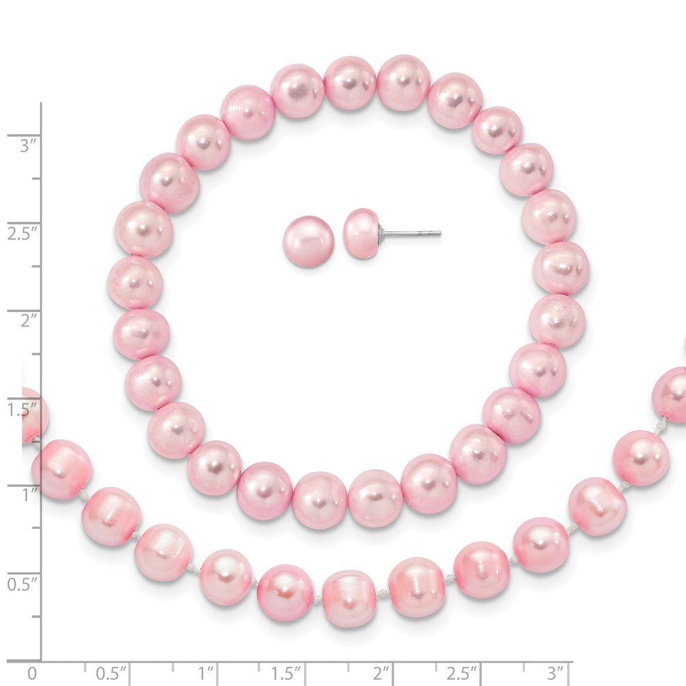 PSSN Sterling Silver Rhodium-plated 7-8mm Pink Near-Round Freshwater Cultured Pearl 18 inch Necklace, Stretch Bracelet and Button Post Earrings Set