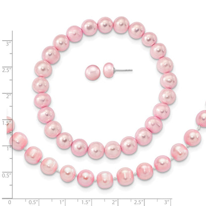 PSSN Sterling Silver Rhodium-plated 7-8mm Pink Near-Round Freshwater Cultured Pearl 18 inch Necklace, Stretch Bracelet and Button Post Earrings Set