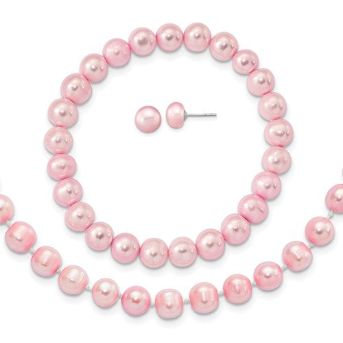 PSSN Sterling Silver Rhodium-plated 7-8mm Pink Near-Round Freshwater Cultured Pearl 18 inch Necklace, Stretch Bracelet and Button Post Earrings Set