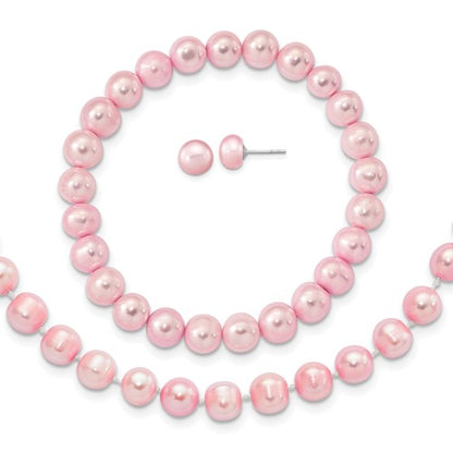 PSSN Sterling Silver Rhodium-plated 7-8mm Pink Near-Round Freshwater Cultured Pearl 18 inch Necklace, Stretch Bracelet and Button Post Earrings Set