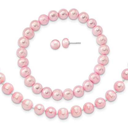 PSSN Sterling Silver Rhodium-plated 7-8mm Pink Near-Round Freshwater Cultured Pearl 18 inch Necklace, Stretch Bracelet and Button Post Earrings Set