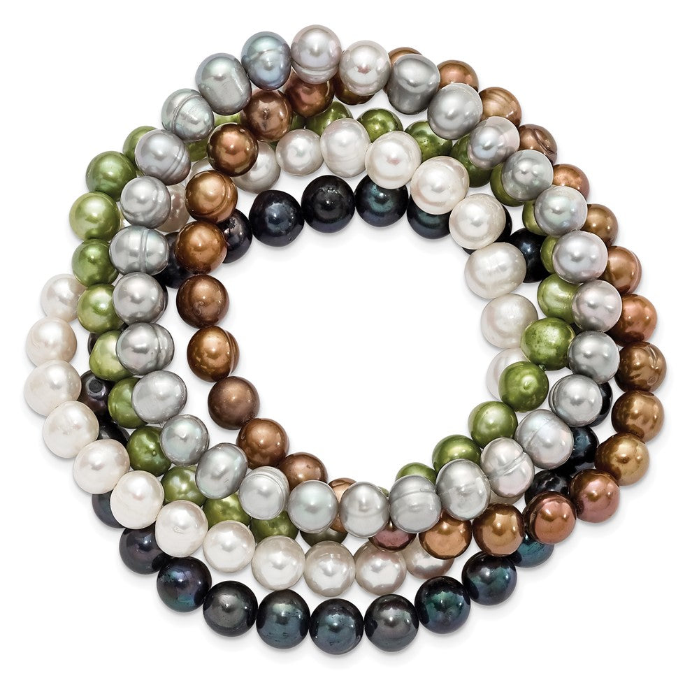 PB 6-7mm Green, Grey, White, Black and Brown Semi-Round Freshwater Cultured Pearl 5-piece Stretch Bracelet Set