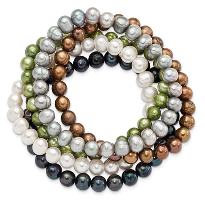 PB 6-7mm Green, Grey, White, Black and Brown Semi-Round Freshwater Cultured Pearl 5-piece Stretch Bracelet Set