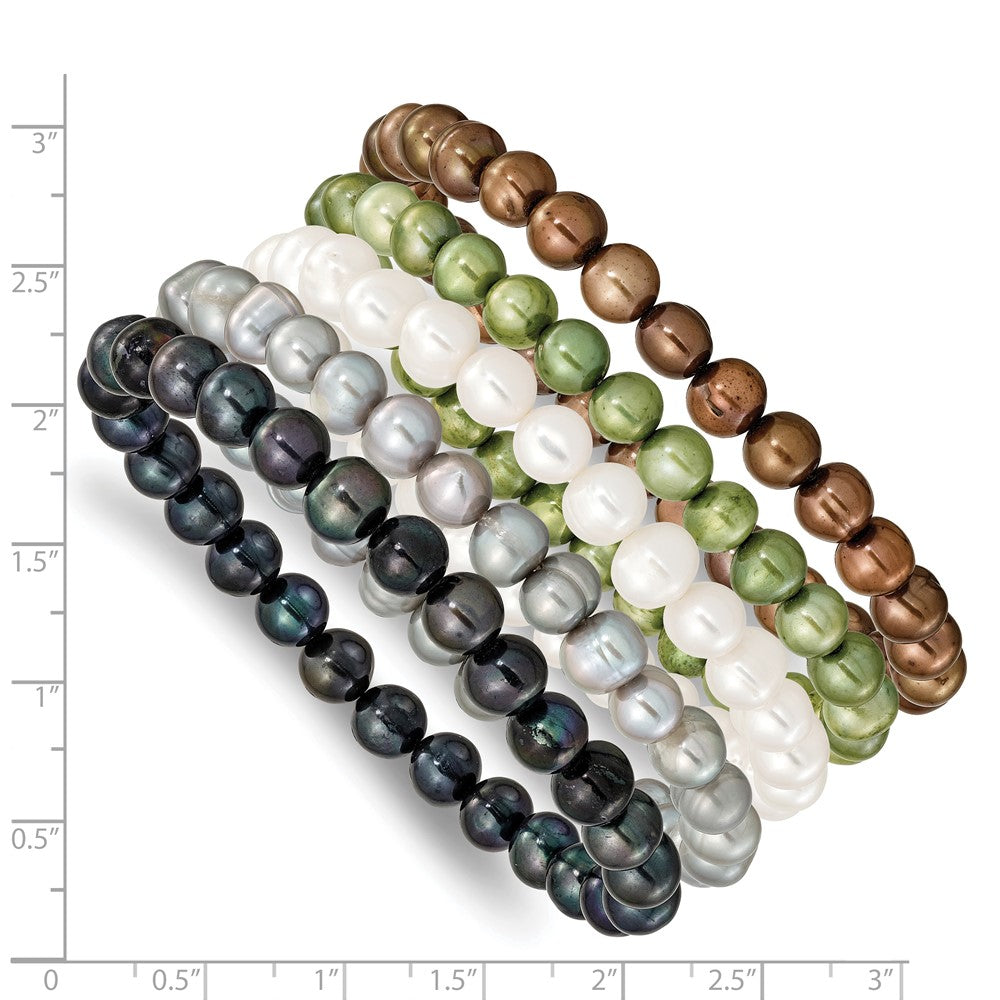 PB 6-7mm Green, Grey, White, Black and Brown Semi-Round Freshwater Cultured Pearl 5-piece Stretch Bracelet Set