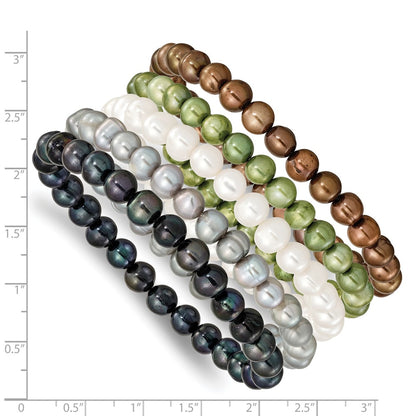 PB 6-7mm Green, Grey, White, Black and Brown Semi-Round Freshwater Cultured Pearl 5-piece Stretch Bracelet Set