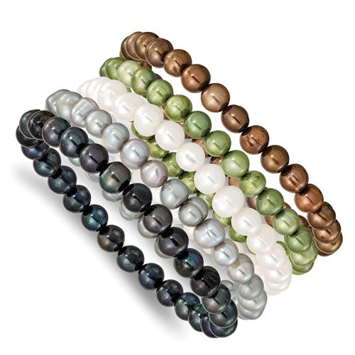 PB 6-7mm Green, Grey, White, Black and Brown Semi-Round Freshwater Cultured Pearl 5-piece Stretch Bracelet Set