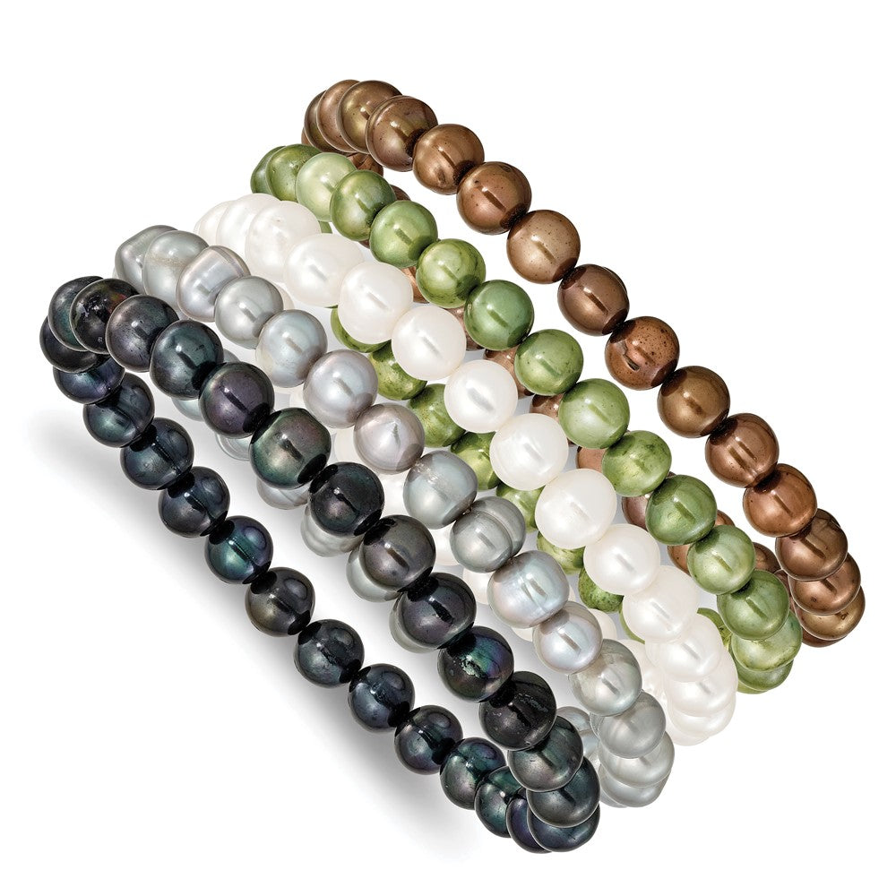 PB 6-7mm Green, Grey, White, Black and Brown Semi-Round Freshwater Cultured Pearl 5-piece Stretch Bracelet Set