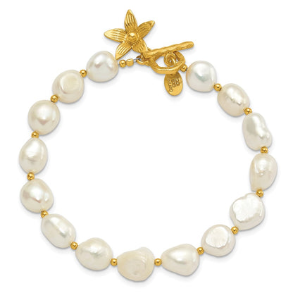 PSSB Sterling Silver Gold-plated FWC Pearl Flower 7.5in Toggle Bracelet