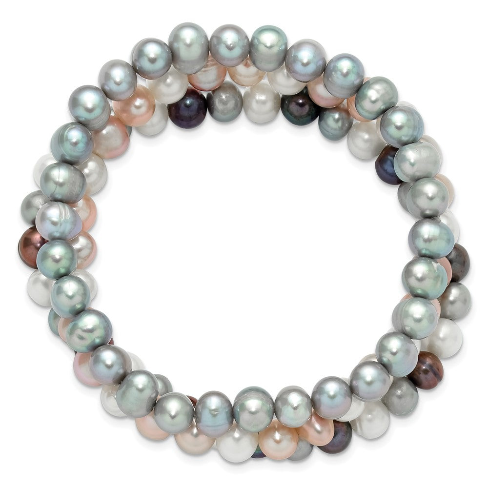 PB 6-7mm Grey, White, Black and Pink Semi-Round Freshwater Cultured Pearl 5-piece Stretch Bracelet Set