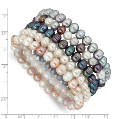 PB 6-7mm Grey, White, Black and Pink Semi-Round Freshwater Cultured Pearl 5-piece Stretch Bracelet Set