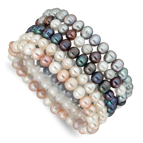 PB 6-7mm Grey, White, Black and Pink Semi-Round Freshwater Cultured Pearl 5-piece Stretch Bracelet Set