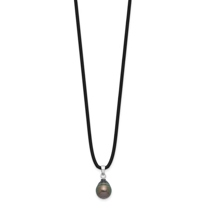PSSN Sterling Silver Rhodium-plated 9-10mm Black Teardrop Tahitian Saltwater Cultured Pearl 18 inch Black Silicone Necklace