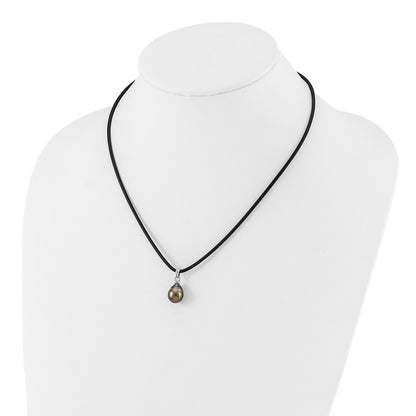 PSSN Sterling Silver Rhodium-plated 9-10mm Black Teardrop Tahitian Saltwater Cultured Pearl 18 inch Black Silicone Necklace