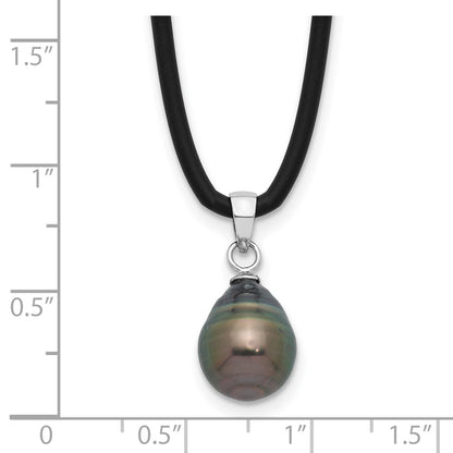 PSSN Sterling Silver Rhodium-plated 9-10mm Black Teardrop Tahitian Saltwater Cultured Pearl 18 inch Black Silicone Necklace