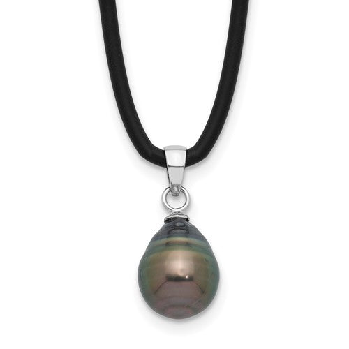 PSSN Sterling Silver Rhodium-plated 9-10mm Black Teardrop Tahitian Saltwater Cultured Pearl 18 inch Black Silicone Necklace