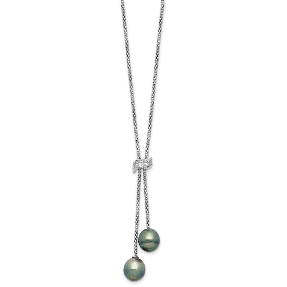 PSSN Sterling Silver Rhodium-plated 7-8mm Black Teardrop Tahitian Saltwater Cultured Pearl and CZ Dangle 18 inch with 2 inch Extension Necklace