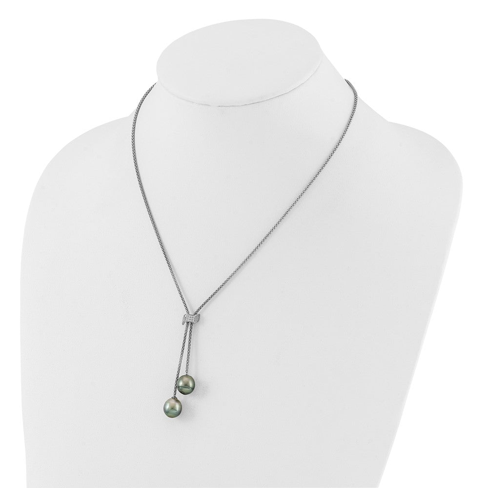 PSSN Sterling Silver Rhodium-plated 7-8mm Black Teardrop Tahitian Saltwater Cultured Pearl and CZ Dangle 18 inch with 2 inch Extension Necklace