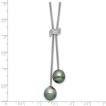 PSSN Sterling Silver Rhodium-plated 7-8mm Black Teardrop Tahitian Saltwater Cultured Pearl and CZ Dangle 18 inch with 2 inch Extension Necklace
