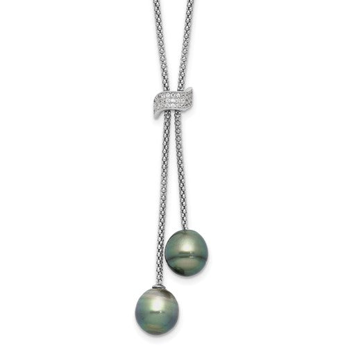 PSSN Sterling Silver Rhodium-plated 7-8mm Black Teardrop Tahitian Saltwater Cultured Pearl and CZ Dangle 18 inch with 2 inch Extension Necklace