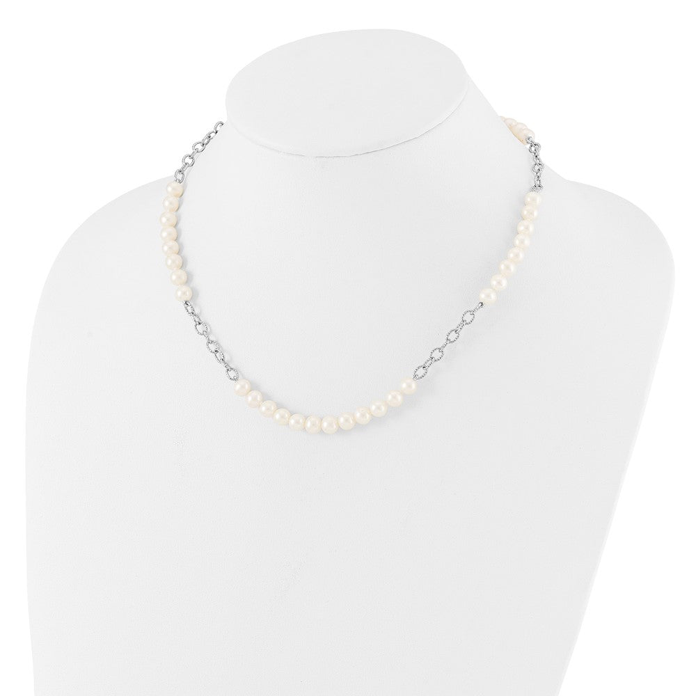 PSSN Sterling Silver Rhodium-plated 6-8mm White Near-Round Freshwater Cultured Pearl 18 inch Necklace and Post Earrings Set