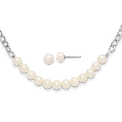 PSSN Sterling Silver Rhodium-plated 6-8mm White Near-Round Freshwater Cultured Pearl 18 inch Necklace and Post Earrings Set