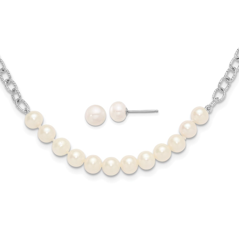 PSSN Sterling Silver Rhodium-plated 6-8mm White Near-Round Freshwater Cultured Pearl 18 inch Necklace and Post Earrings Set