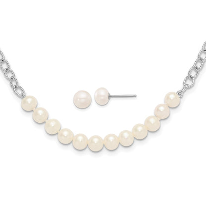 PSSN Sterling Silver Rhodium-plated 6-8mm White Near-Round Freshwater Cultured Pearl 18 inch Necklace and Post Earrings Set