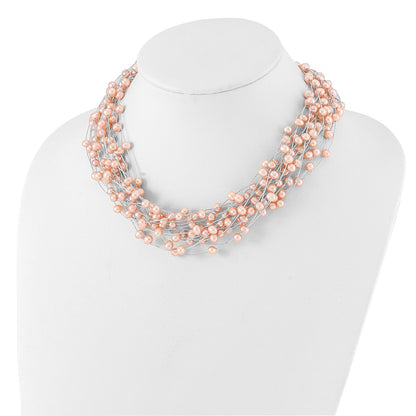 PSSB Sterling Silver Rhodium-plated 5-5.5mm Pink Semi-Round Freshwater Cultured Pearl Multi Strand 18 inch Necklace