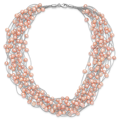 PSSB Sterling Silver Rhodium-plated 5-5.5mm Pink Semi-Round Freshwater Cultured Pearl Multi Strand 18 inch Necklace