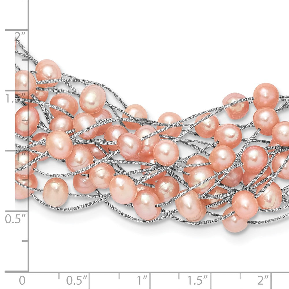 PSSB Sterling Silver Rhodium-plated 5-5.5mm Pink Semi-Round Freshwater Cultured Pearl Multi Strand 18 inch Necklace