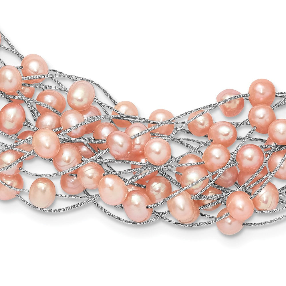 PSSB Sterling Silver Rhodium-plated 5-5.5mm Pink Semi-Round Freshwater Cultured Pearl Multi Strand 18 inch Necklace